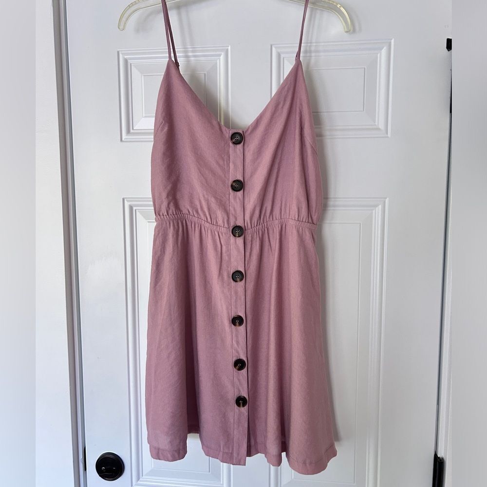 Lush women’s pink mauve v-neck tank dress w/ button front , bow accent medium